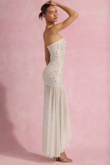 Semi-Sheer Embellished Asymmetric Maxi Dress in White