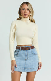 Natalie Top - Long Sleeve Roll Neck Knitted Top in Cream