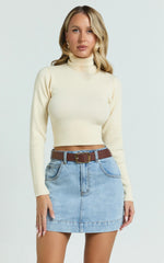 Natalie Top - Long Sleeve Roll Neck Knitted Top in Cream