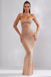 Kateproms Sheer Embellished Scoop Neck Evening Gown in Almond
