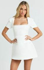 Nakita Mini Dress - Short Sleeve Pearl Trim Square Neck Tulip Dress in White