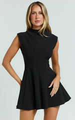 Becky Mini Dress - High Neck Sleeveless Fit And Flare Dress in Black