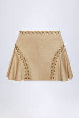 Lace-Up Mid-Rise Mini Skirt in Tan