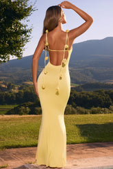 Kateproms Slinky Jersey Floral-Appliqué Gown in Pastel Yellow