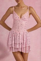 Embellished Ruffled Tiered Mini Dress in Pink