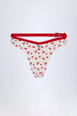 Contrast Belted Thong Bikini Bottoms in Cherry Print