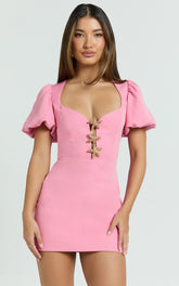 Lalisa Mini Dress - Puff Sleeve Starfish Plunge Neck Dress in Pink