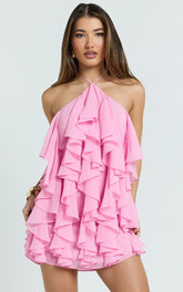 Carlson Mini Dress - Halter Neck Ruffle Tiered Dress in Pink