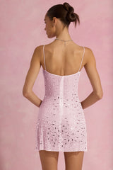 Sheer Embellished Square-Neck Mini Dress in Pink