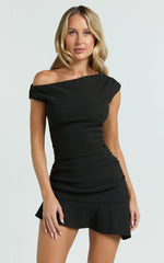 Goldie Mini Dress - Tipped Off Shoulder Cap Sleeve Ruched Fitted Ruffle Hem Skirt Dress in Black