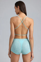 Embellished Mid-Rise Hot Pant Shorts in Ice Blue