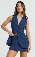 Francine Two Piece Top and Skirt Set - Longline V Neck Top And High Waist Mini Skirt Set in Navy