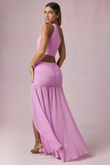 Asymmetric Ruched Maxi Skirt in Pink Orchid
