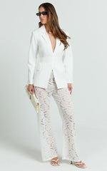 Caryl Two Piece Set - Wrap Waist Blazer and Lace Pant Set in White