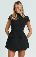 Savanna Mini Dress - High Neck Cap Sleeve Tulip Skirt Dress in Black