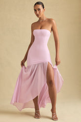 Asymmetric Strapless Fishtail Maxi Dress in Soft Pink