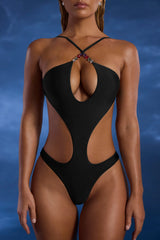 Bead-Embellished Cut-Out Halterneck Swimsuit in Black