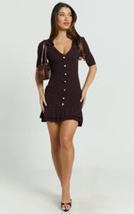 Mischa Mini Dress - Collared Short Sleeve Fit And Flare Knitted Dress in Dark Chocolate