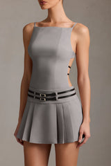 Belted Backless Pleated Mini Dress in Grey