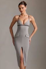 Plunge-Neck Backless Midaxi Dress in Grey