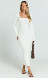Kister Midi Dress - Long Sleeve Twist Back Dress in Ivory