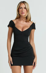 Veronika Mini Dress - Off Shoulder Plunge Fit And Flare Dress in Black