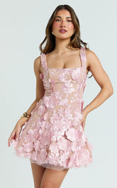 Sienna Mini Dress - 3D Floral Fit And Flare Dress in Pink
