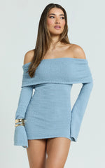 Pietra Mini Dress - Knitted Off Shoulder Dress in Baby Blue