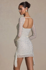 Embellished Draped Cowl-Neck Mini Dress in White