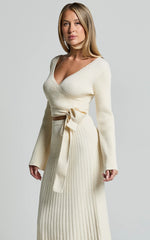 Andreia Midi Dress - Knitted Wrap Long Sleeve Dress in Cream