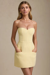Sweetheart-Neck Strapless Structured Mini Dress in Pastel Yellow