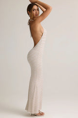 Modal Backless Halterneck Maxi Dress in Pink & Yellow Stripe
