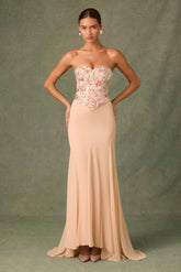 Embellished Corset Fishtail Gown in Floral Beige