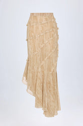 Ruffled Asymmetric Mid-Rise Maxi Skirt in Tan Print