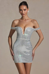 Embellished Off-Shoulder Mini Dress in White