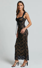 Collette Midi Dress - Ruched Bust Wide Strap Detail Lace Midi Dress in Black