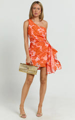 Brailey Mini Dress - One Shoulder Wrap Front Dress in Orange Jacquard