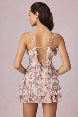 Ruffled Lace-Up A-Line Mini Dress in Primrose Floral Print