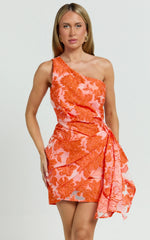 Brailey Mini Dress - One Shoulder Wrap Front Dress in Orange Jacquard