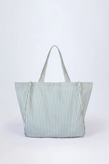 Oversized Canvas Tote Bag in Teal Blue Double Stripe