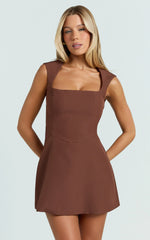 Sakura Mini Dress - Square Neck Wide Strap Corset Waist A Line Skirt Dress in Chocolate