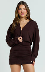 Pearce Mini Dress - Ruched Jersey Shirt Dress in Chocolate
