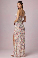 Asymmetric Ruffled Lace-Up Gown in Primrose Floral Print
