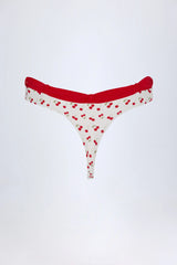 Contrast Belted Thong Bikini Bottoms in Cherry Print