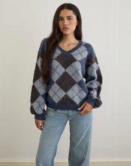 Louna Jumper in Knit Argyle Check Navy