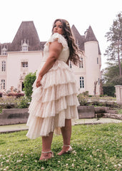 Romantic Ruffle Tiered Lace Midi Dress – Burgundy / Apricot / Black