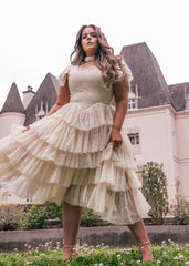 Romantic Ruffle Tiered Lace Midi Dress – Burgundy / Apricot / Black