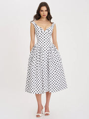Rahma Polka Dot Drop Waist Midi Cotton Poplin Dress