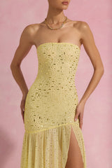 Semi-Sheer Embellished Asymmetric Maxi Dress in Yellow