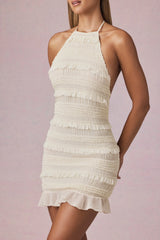 Ruffled Backless Halterneck Mini Dress in Ivory